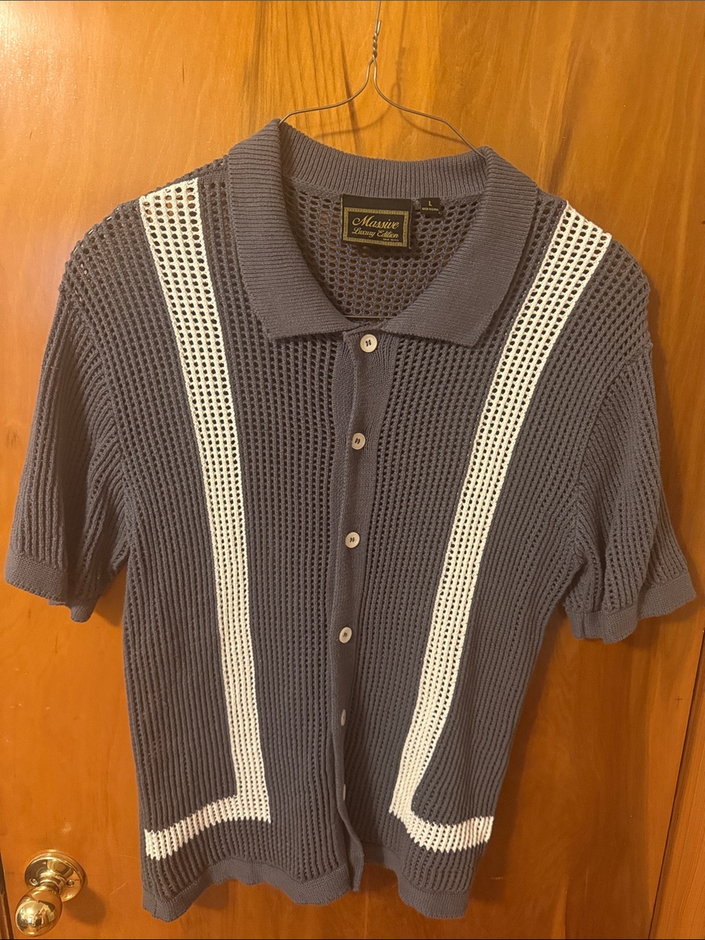 Luxury Edition Men’s Crocheted Gray Polo Shirt with White Stripes